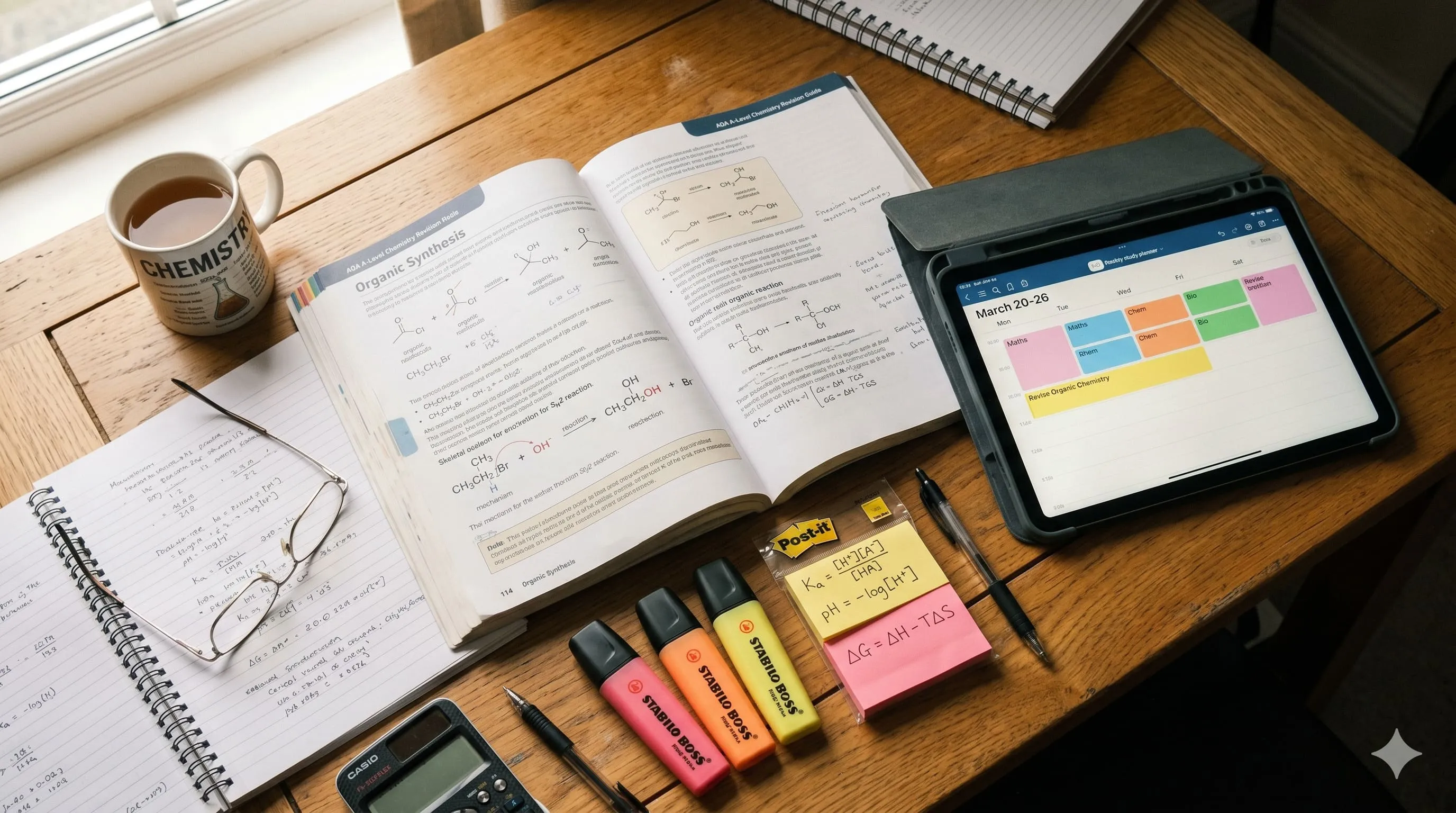 Top-down view of an open chemistry textbook with highlighter pens, sticky notes, and a tablet showing study materials.