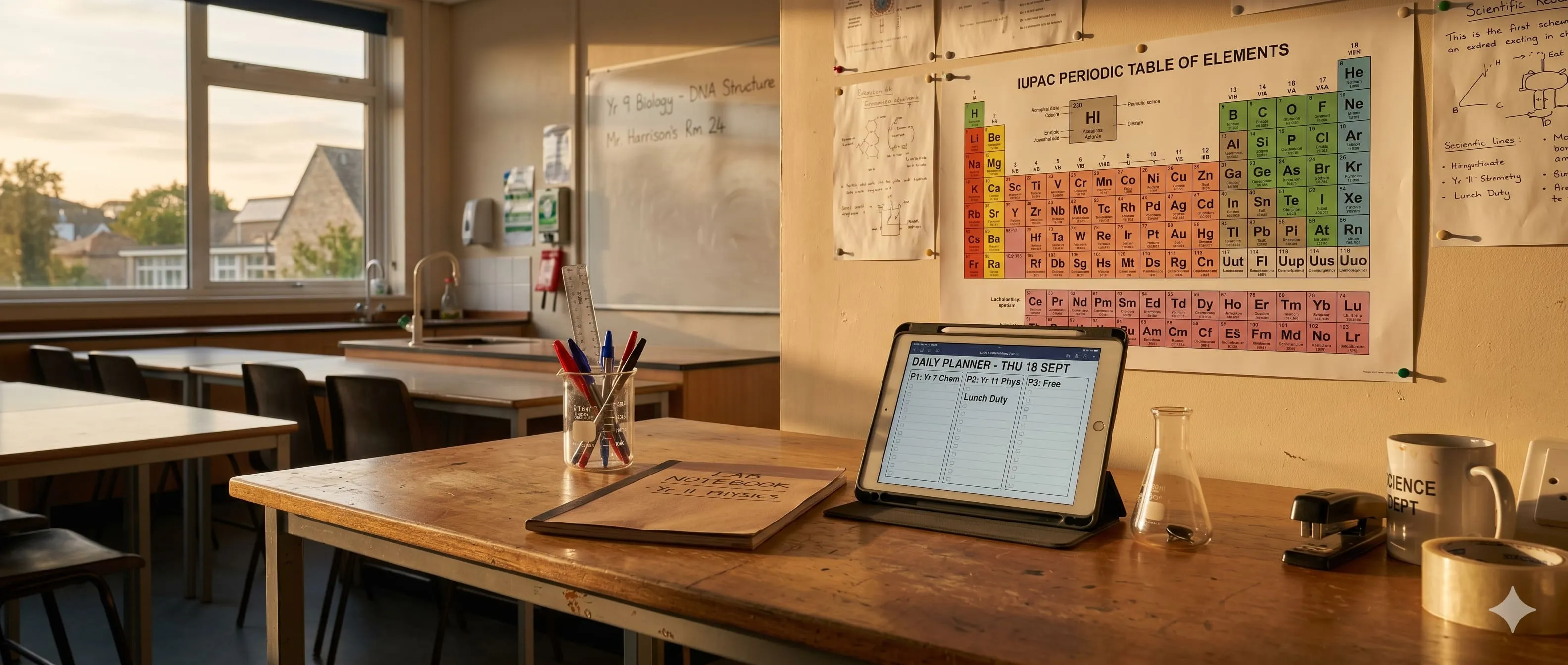 A science teacher's desk in a UK secondary school: periodic table on the wall, lab notebook closed, tablet showing a planner, late afternoon light.