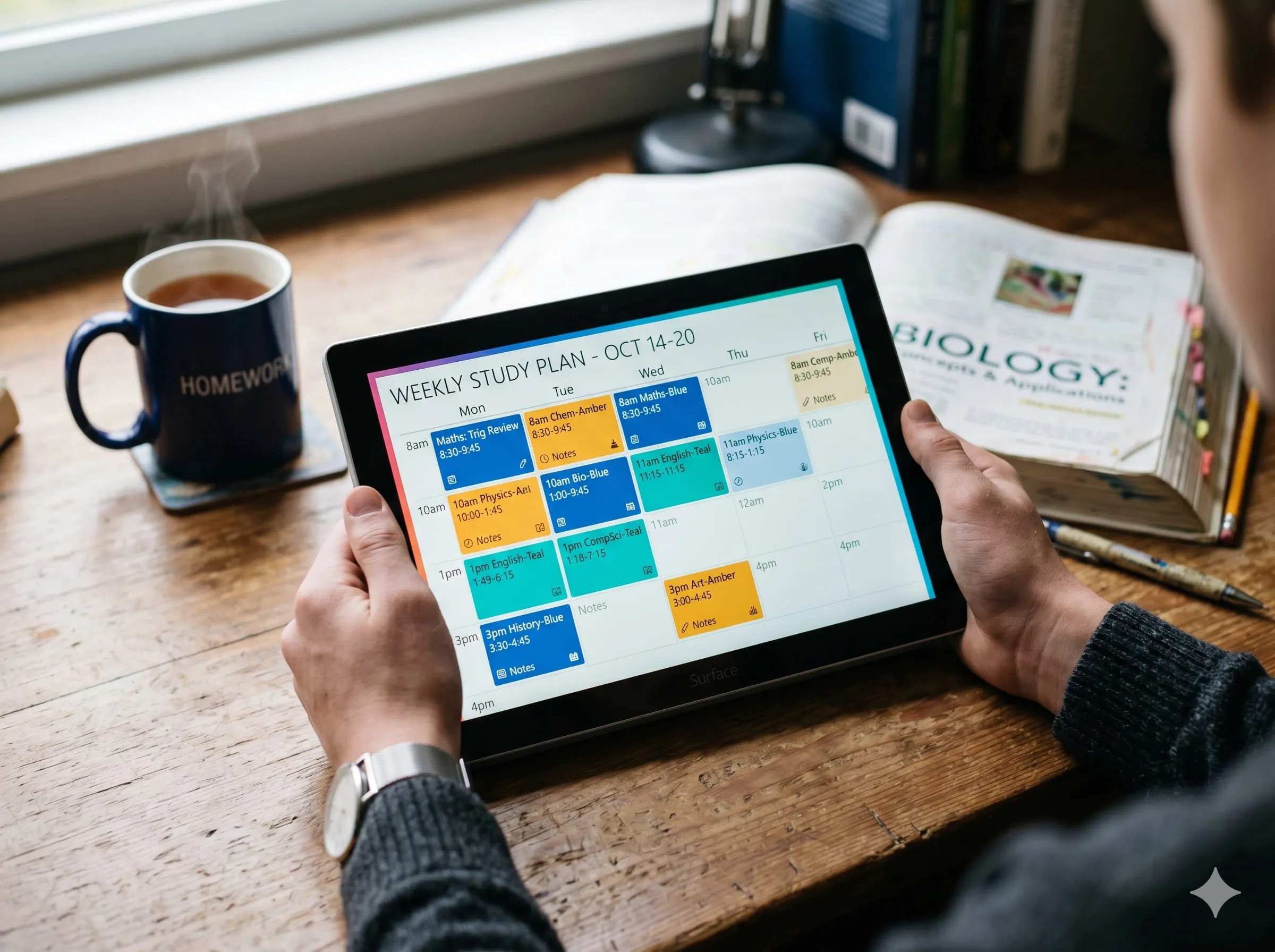 Student holding a tablet displaying the AES Revision Planner with colour-coded subject blocks, on a wooden desk in warm window light.