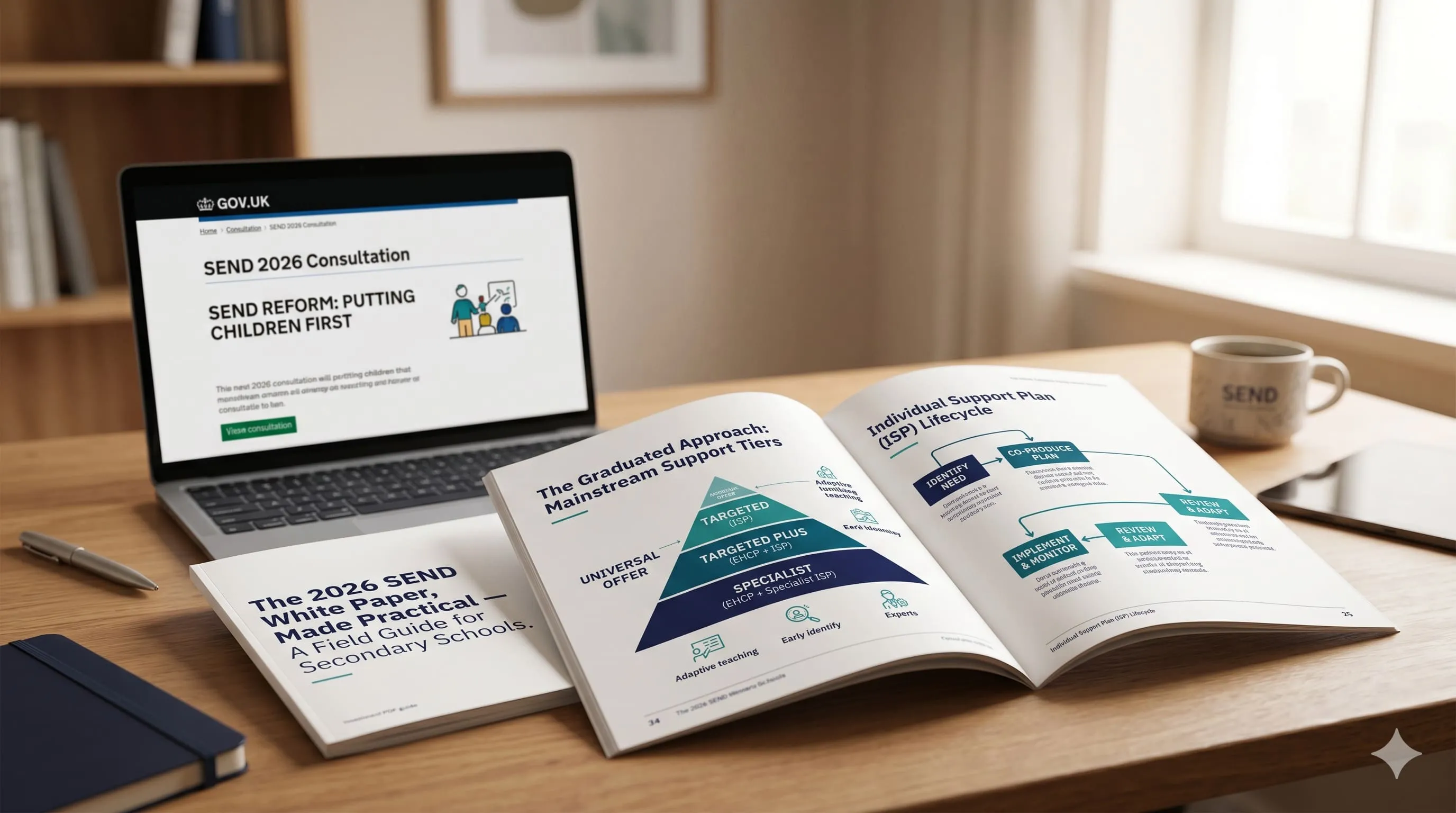 The 2026 SEND White Paper, Made Practical — a printed AES field guide laid open on a wooden desk beside a laptop.