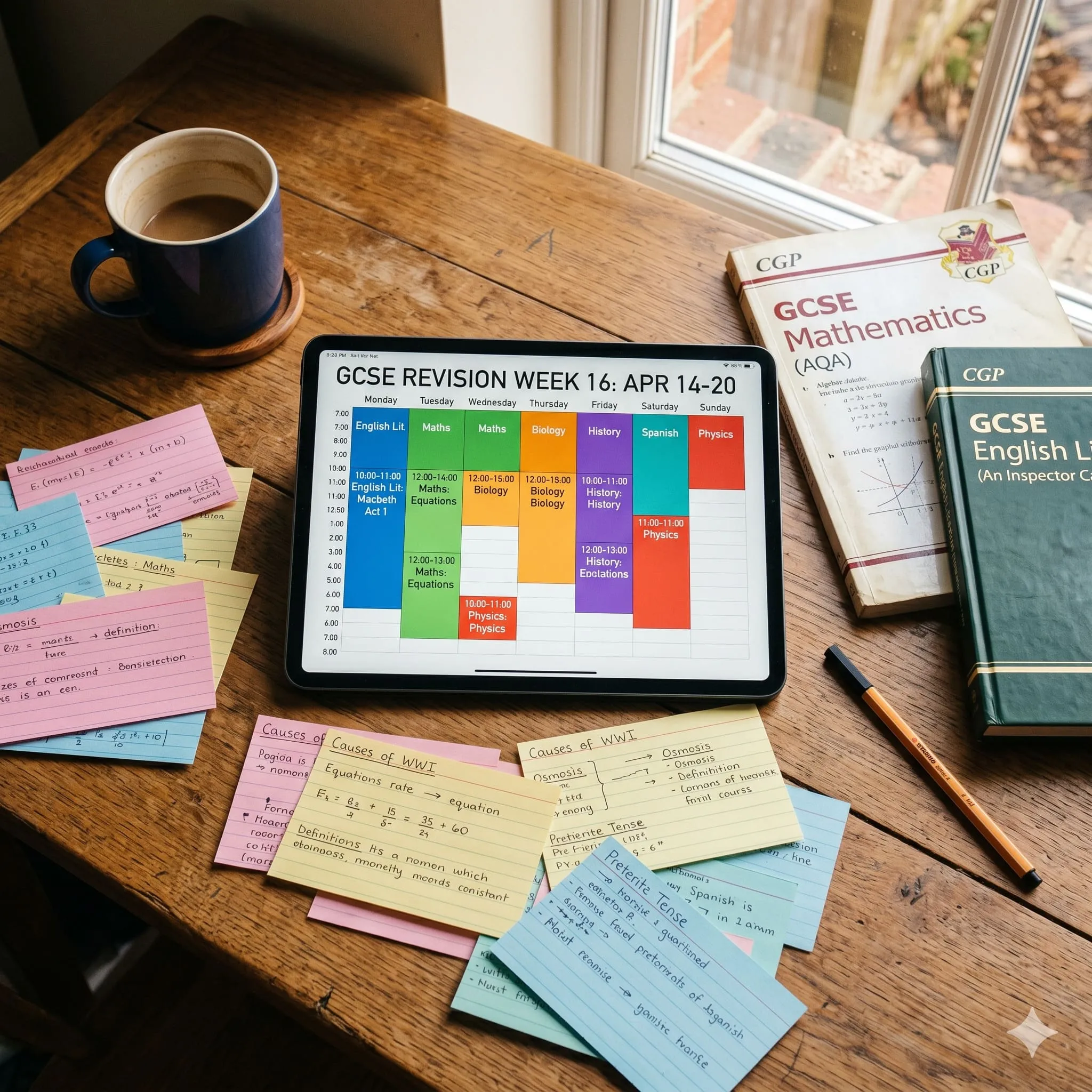 Top-down view of an iPad on a wooden desk showing a colour-coded revision calendar, surrounded by a textbook, flashcards, and a mug.