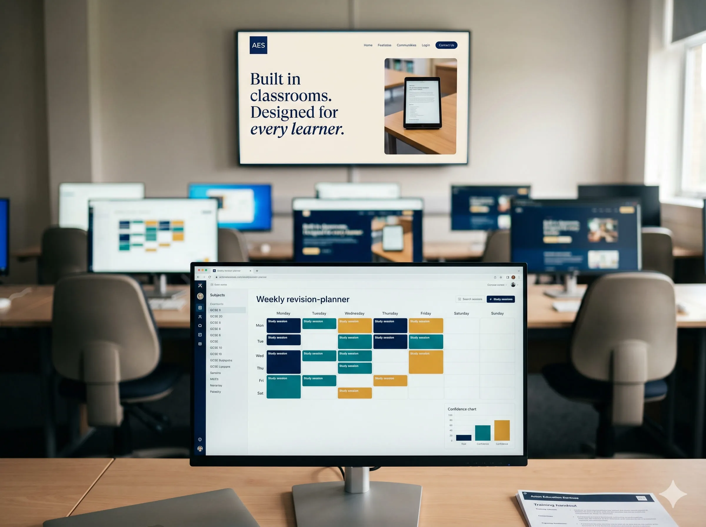Point-of-view inside a modern school computer room: a desktop monitor in the foreground shows the AES Revision Planner, with a large widescreen display behind running the AES homepage.