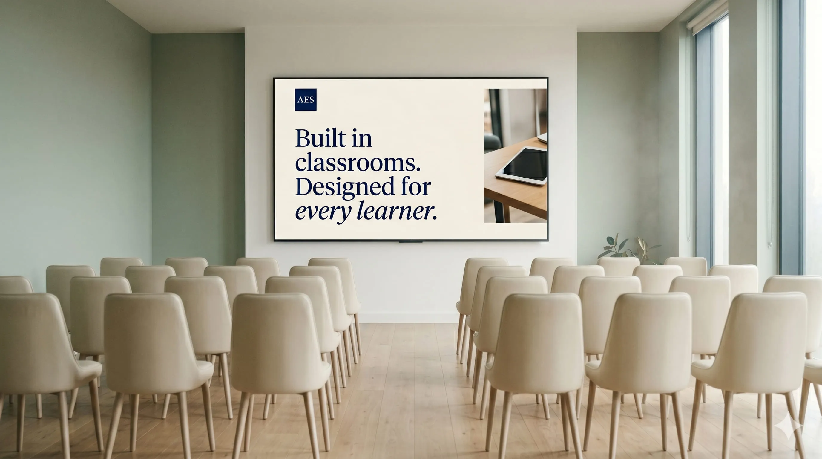View from the back of a modern staffroom set up for in-house CPD: empty cream chairs facing a large widescreen display showing the AES homepage.