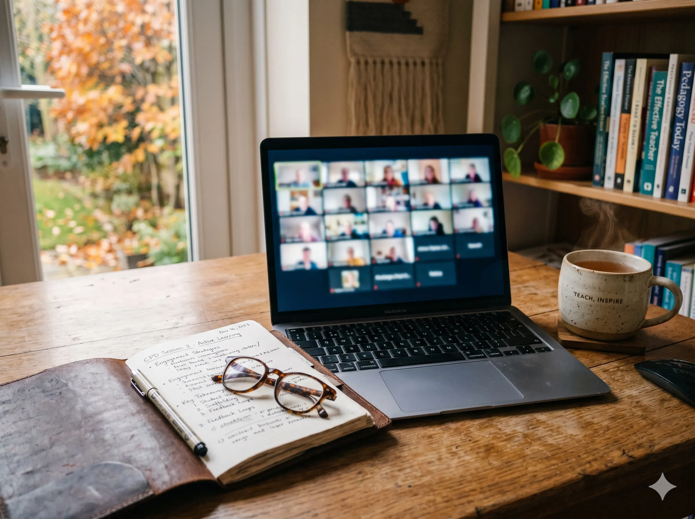 A teacher's home office set up for an online CPD session: laptop open with a video-call grid, notebook, glasses, and a mug of tea in warm window light.